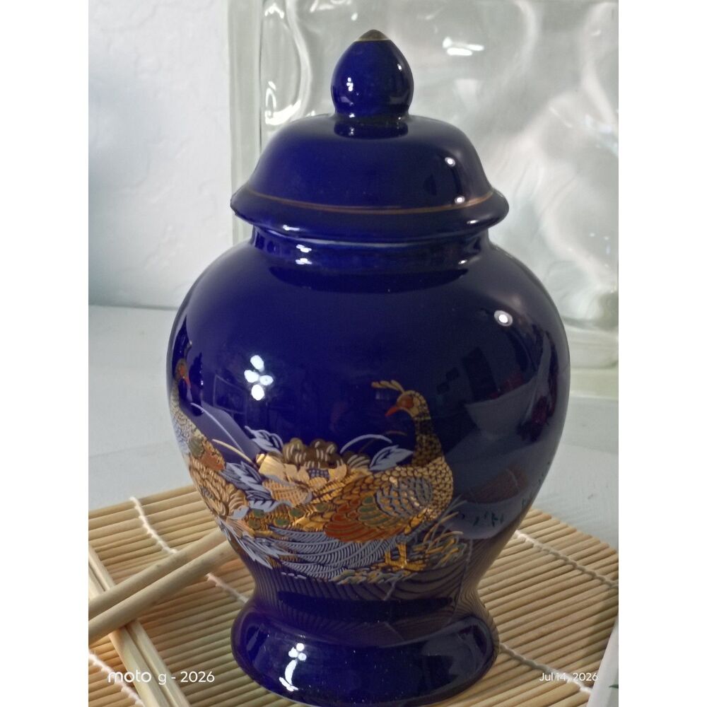 Vintage Cobalt Blue Ginger Jar Peacock Floral Gold Trim Japanese Style 6"